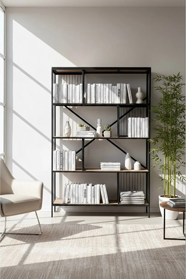 Dekoratif Lüx 5 Raflı Kitaplık Geniş Metal Kitaplık Dosya Rafı Ofis Salon Raf Ceviz